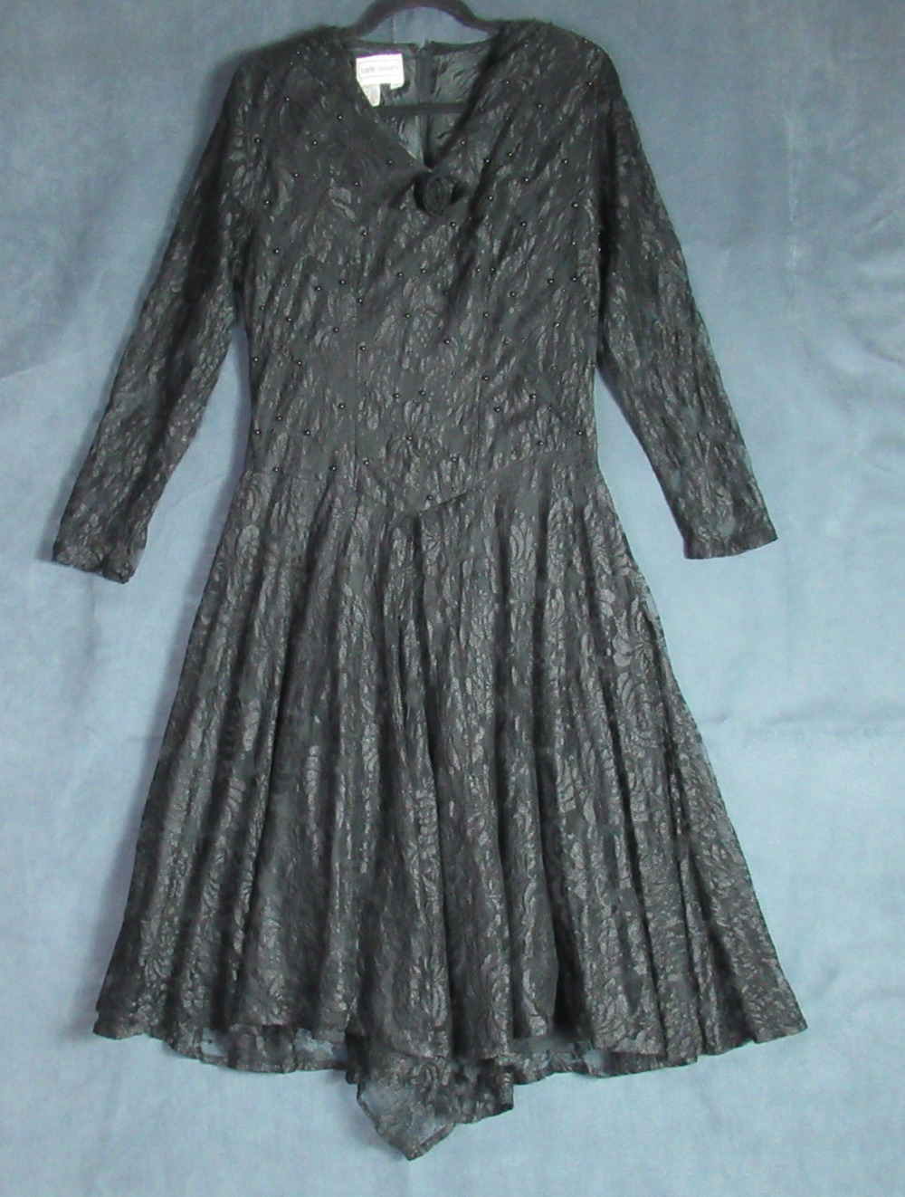 Vtg Karin Stevens Dress Womens 14 Black Lace Rosette Dark Romance Modest Gothic